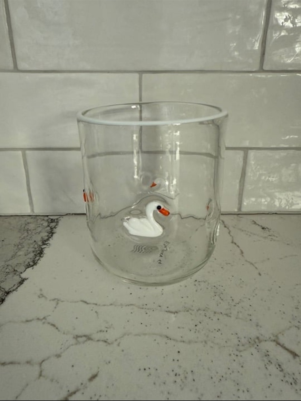 Anthropologie Clear Glass Swan Juice Glass with White and Orange Accents